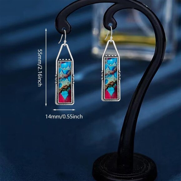 Blue Red Handmade Bohemian Tribal Retro Colorful Square Bar Dangle Earrings - Picture 5 of 6